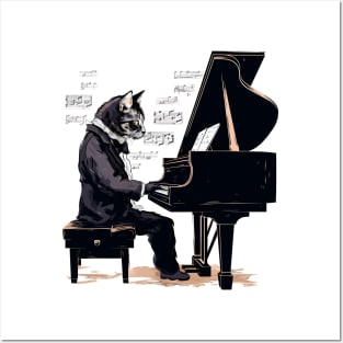 Cat playing piano Posters and Art